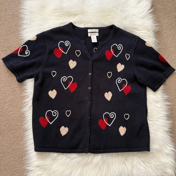 Christopher & Banks Valentines Hearts Short Sleeve Sweater Cardigan Large - Picture 1 of 5